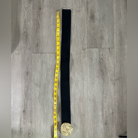Vintage Waist Belt- 3d puffy Clasp - Gold Fabric- Black Stretch M/L, some wear - Picture 4 of 8